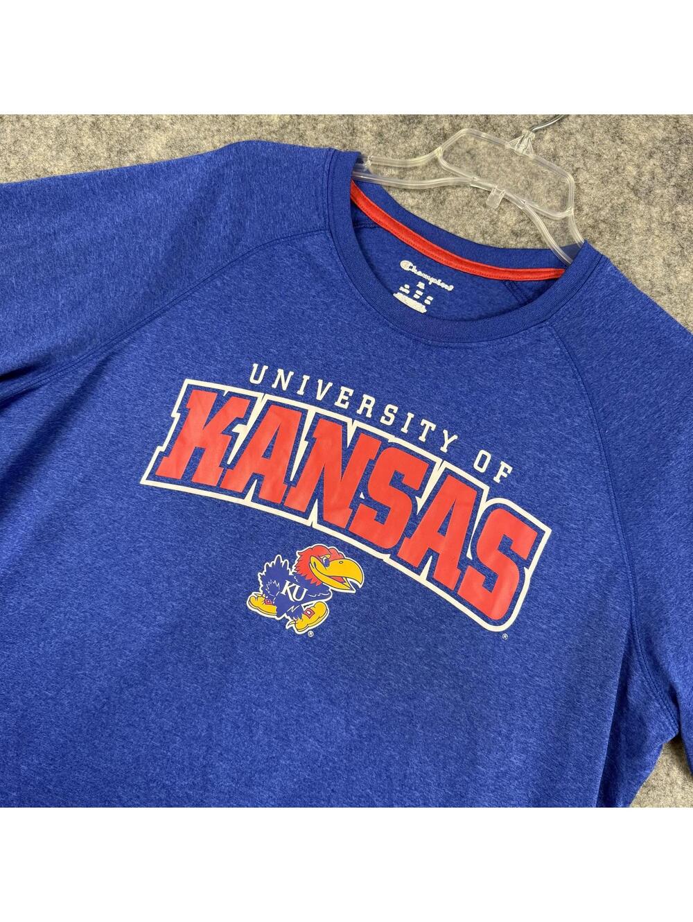 Champion Kansas Jayhawks Men’s Performance T Shirt Blue Red Logo Size XL EUC 453